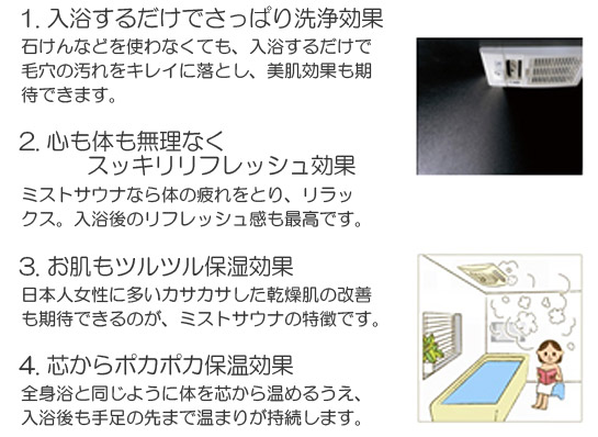 1. 入浴するだけでさっぱり洗浄効果<br>2. 心も体も無理なくスッキリリフレッシュ効果<br>3. お肌もツルツル保湿効果<br>4. 芯からポカポカ保温効果